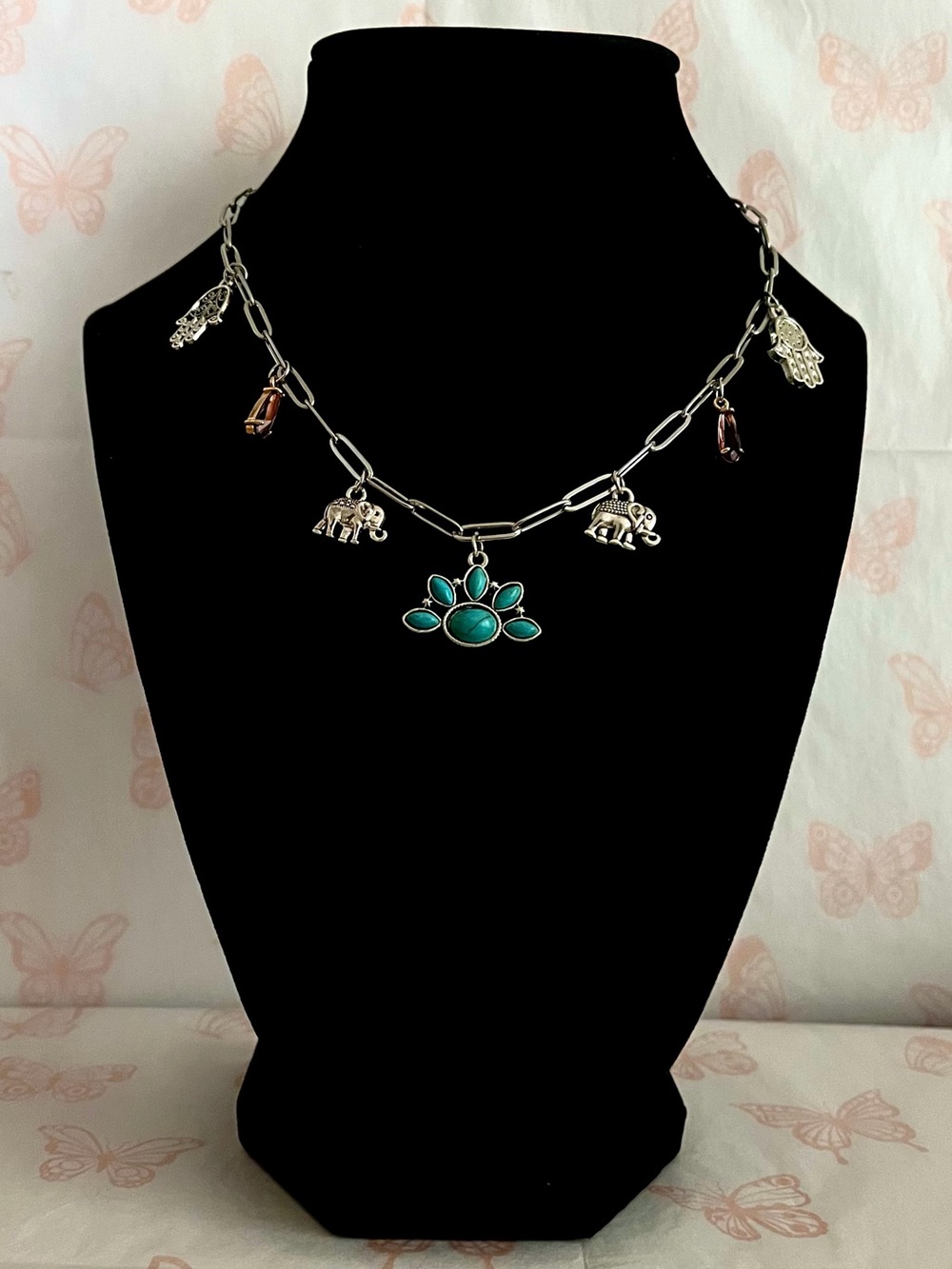 Silver Paperclip Chain Charm Necklace Turquoise Elephant Evil Eye Y2K Boho